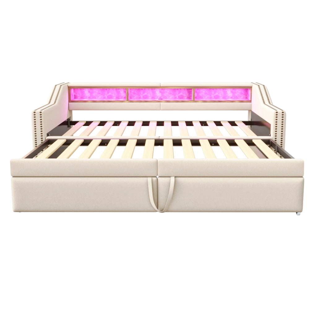 Divano letto estraibile 90/180x200 cm con LED, USB e ripiani in tessuto beige