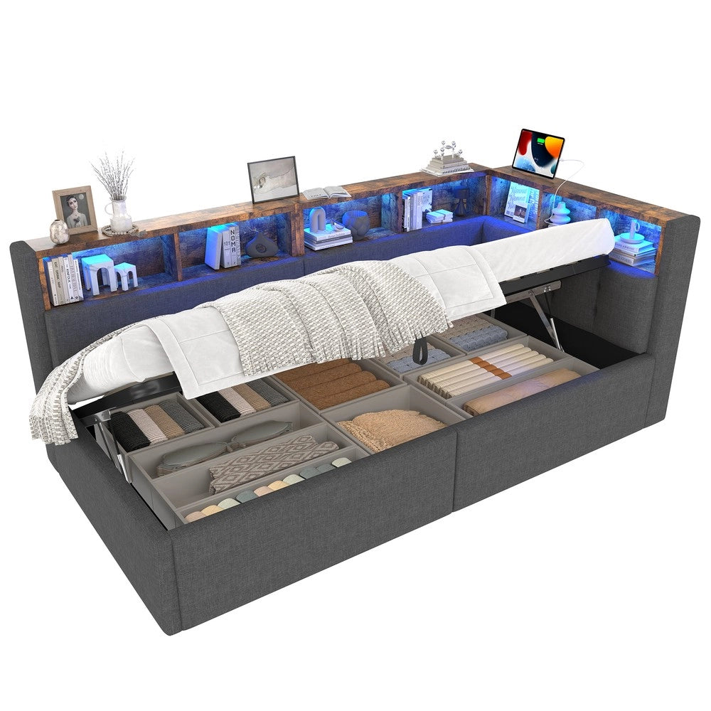Letto Singolo Contenitore con LED ¨C MINIMAL ¨C Tessuto Grigio 90x200 Idraulico
