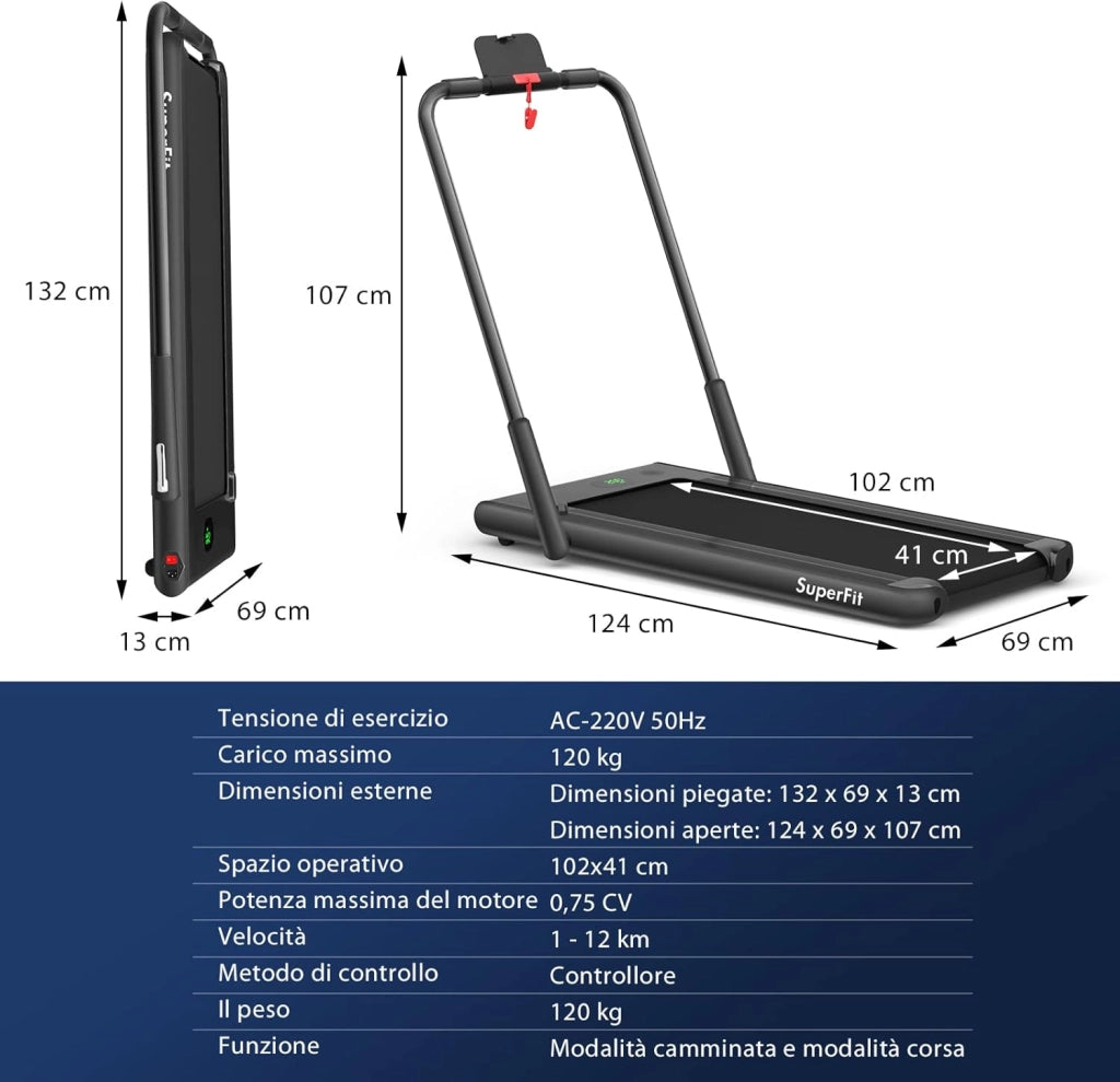 Tapis Roulant 2 in 1, Tapis Roulant Elettrico Pieghevole Salvaspazio da 0,75HP con APP e Telecomando, Supporto per Cellulare, Display a LED e Altoparlante (Nero)
