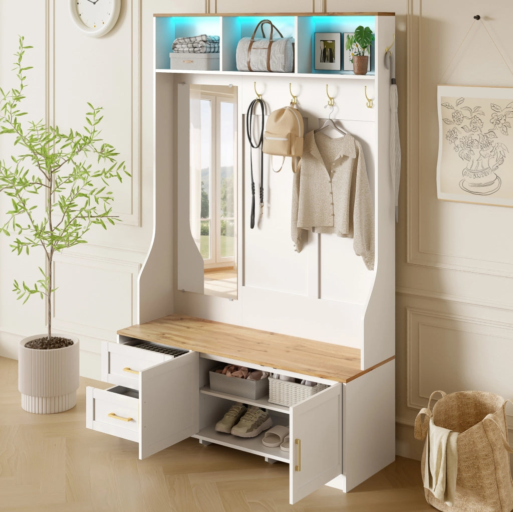 Mobile guardaroba con LED; specchio; ganci e cassetti; 120 x 40 x 187 cm; MDF; bianco ed effetto legno