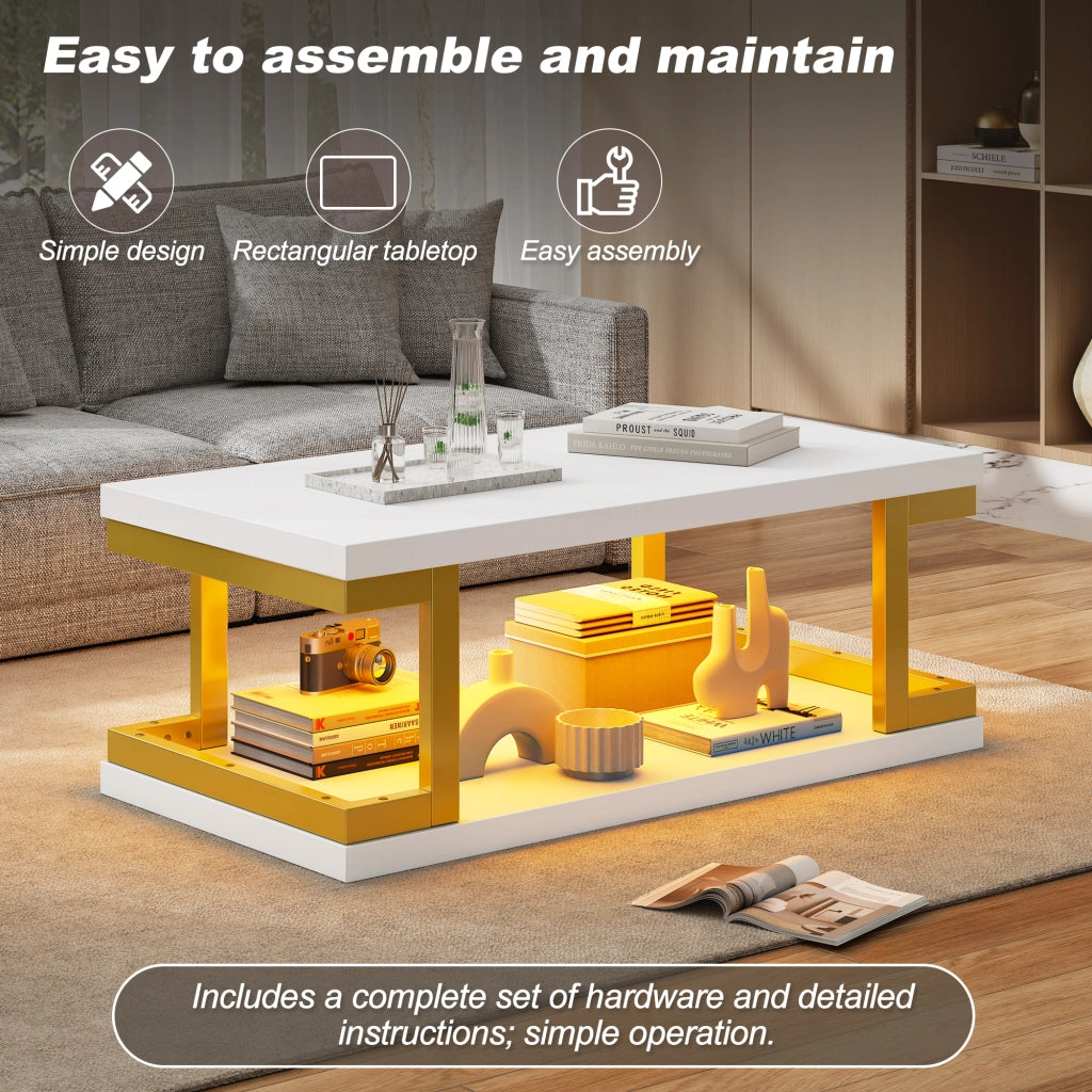 Tavolino basso fisso con LED e ripiano aperto in MDF e metallo bianco e oro per soggiorno 100 × 50 × 37,5 cm