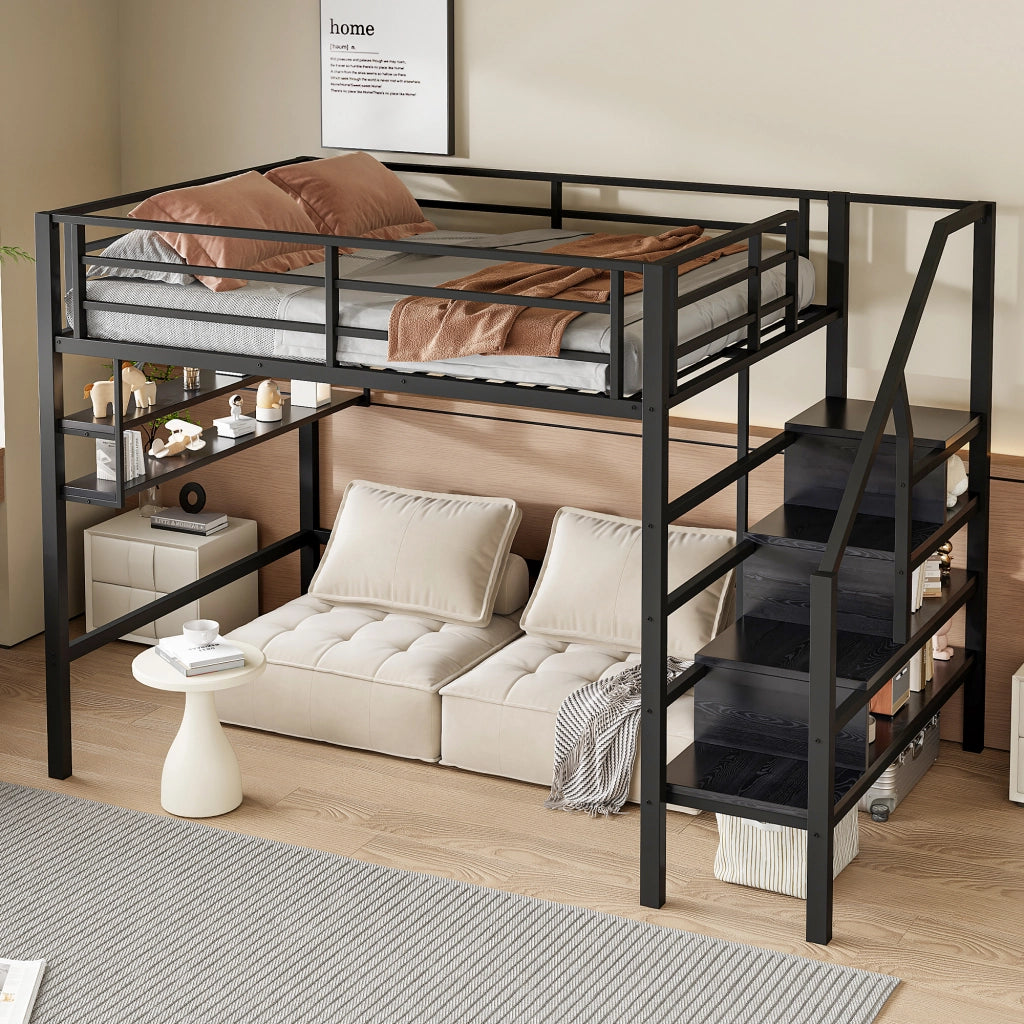 Letto a soppalco 140 × 200 cm con scaffali e scala contenitore in metallo e MDF nero