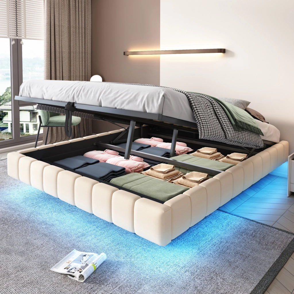 Letto imbottito sospeso 160x200 cm con contenitore, LED e struttura in metallo, Beige