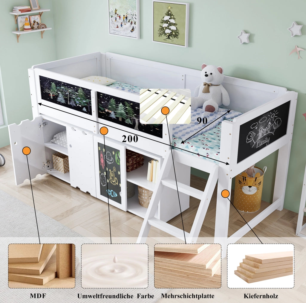 Letto a soppalco bambini 90x200 cm con armadio e lavagna