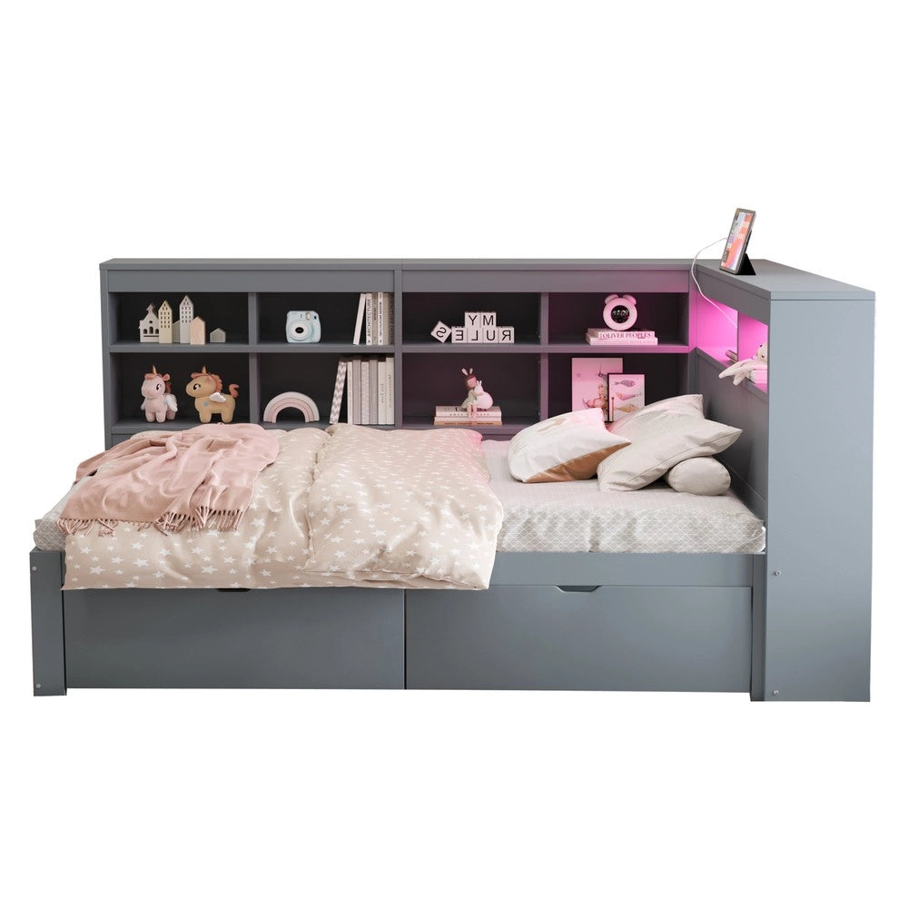 Letto Singolo in Legno Massello con Contenitore, LED e USB ¨C MINIMAL ¨C Grigio 90x200