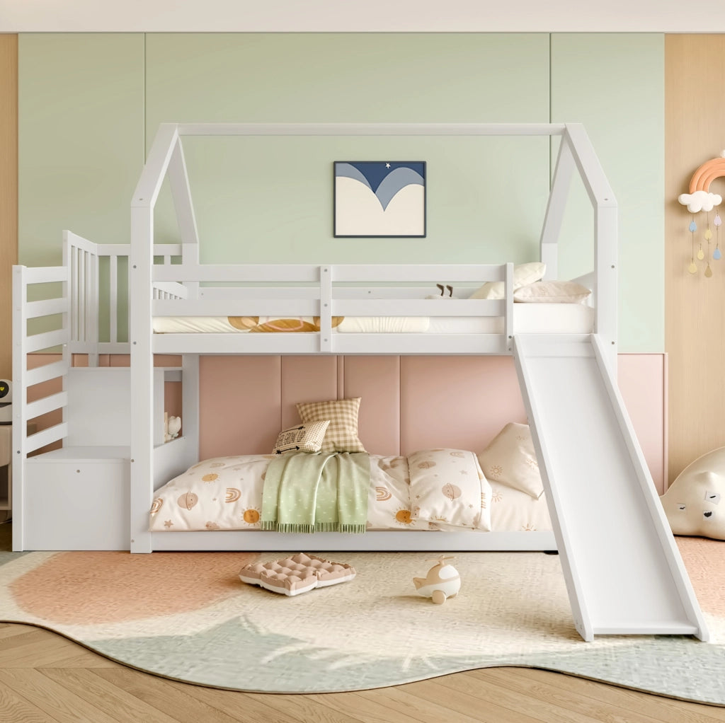 Letto a castello per bambini con scala contenitore; scivolo e sponde; 90x200 cm; pino e MDF; bianco
