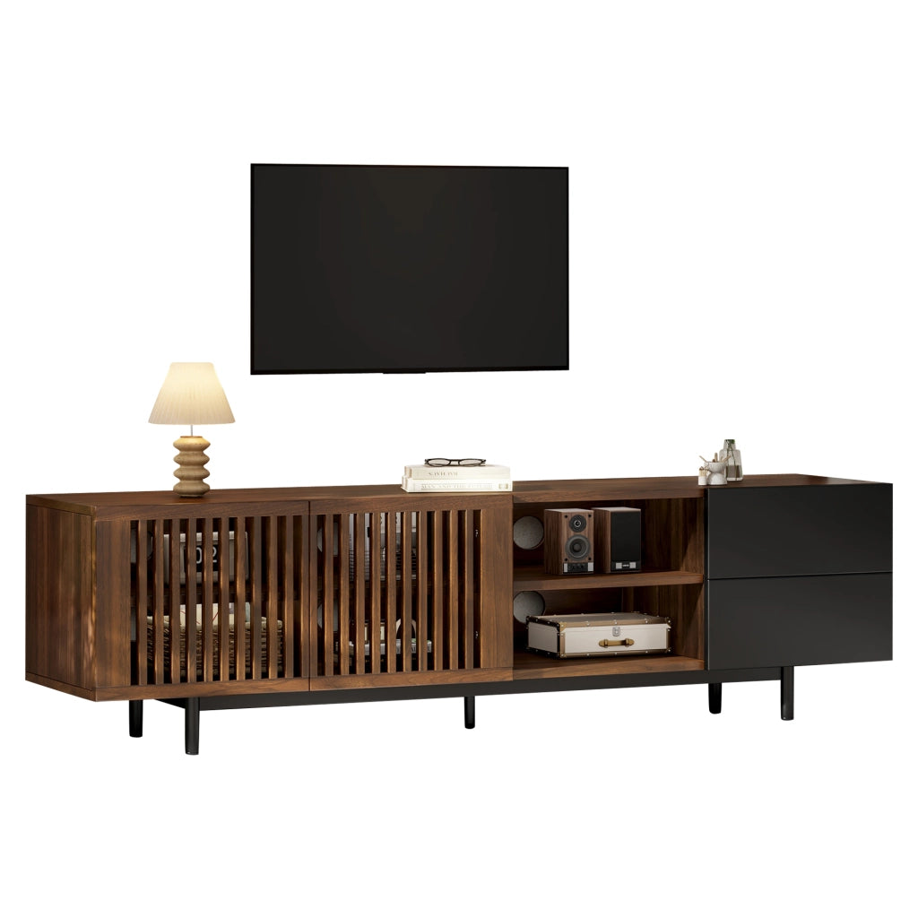 Mobile TV 160 cm con Ante a Doghe e 2 Cassetti; MDF; Noce e Nero