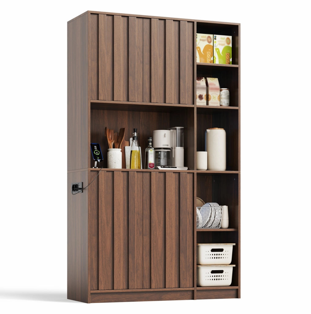 Mobile da cucina alto 105x40x180 cm con LED RGB; prese USB e 2 ante in MDF color noce