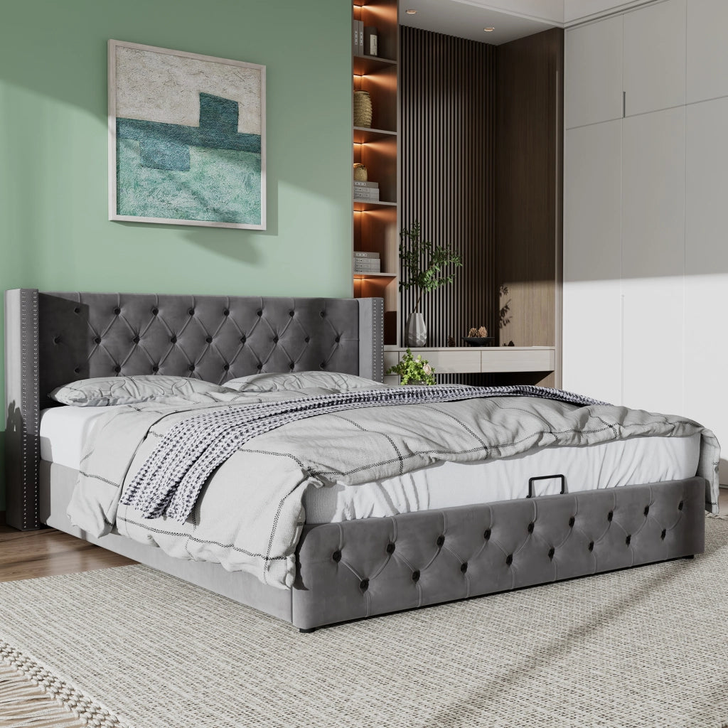 Letto matrimoniale contenitore 180 × 200 cm in velluto grigio con sollevamento idraulico, senza materasso
