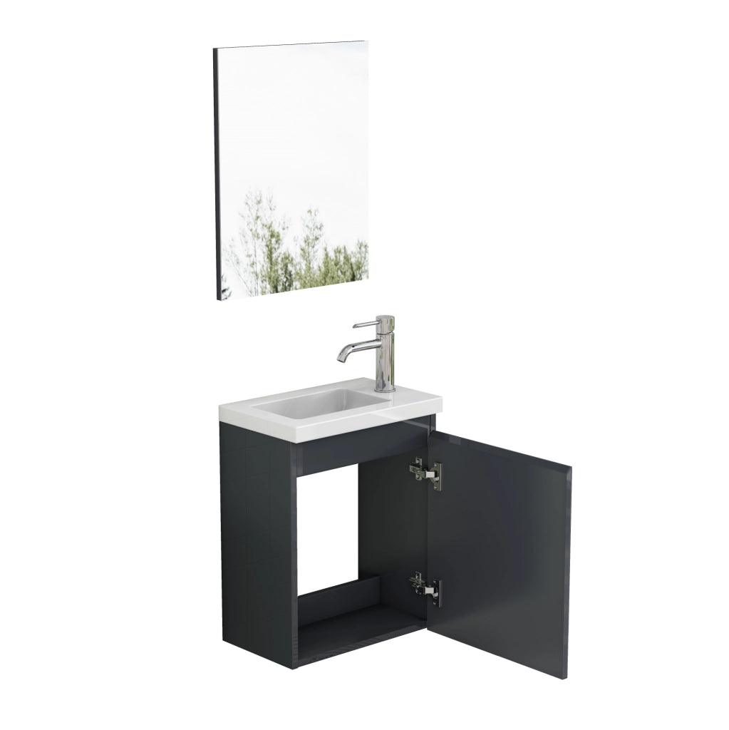 Mobile bagno sospeso con lavabo in ceramica e specchio in MDF grigio lucido