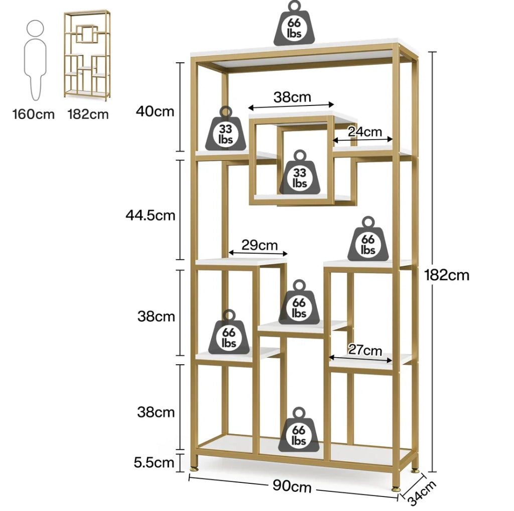 Libreria a Giorno Dorata con Design Geometrico a Cubo, 11 Ripiani, Mobile Espositivo per Libri e Piante