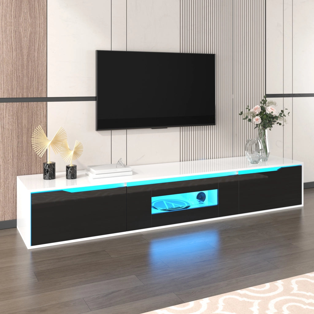 Mobile TV moderno nero e bianco lucido con LED multicolore, 180 cm