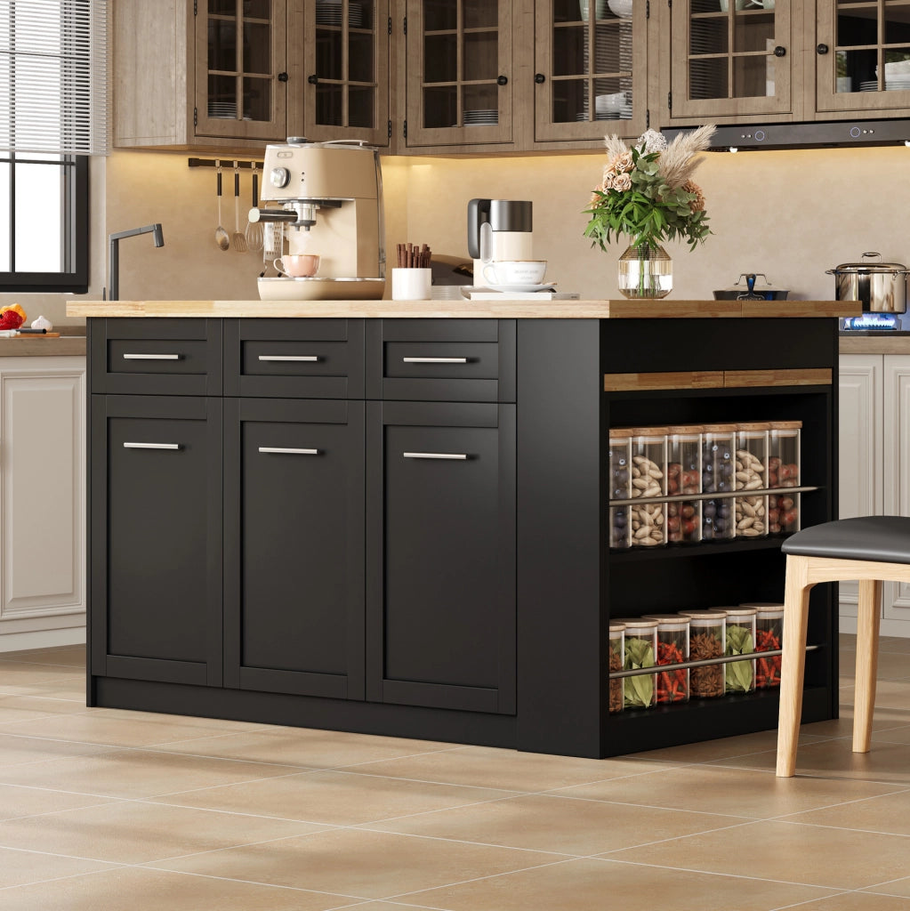 Isola da cucina 150x90x90 cm con tavolo estraibile 80x96 cm; MDF naturale e nero
