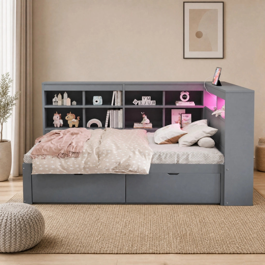 Letto singolo con cassetti 90 × 200 cm con ripiani laterali USB LED a colori in legno grigio con 15 doghe
