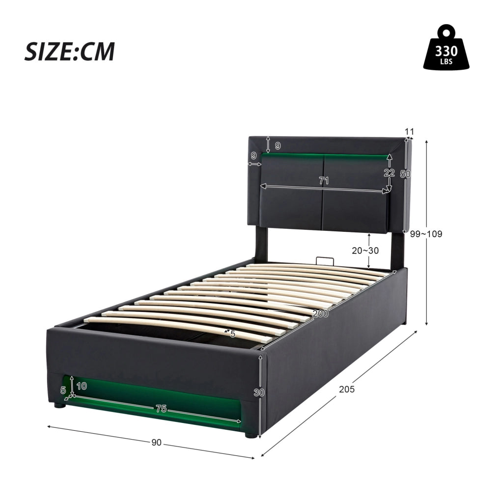 Letto imbottito 90 x 200 cm con LED, USB e vano contenitore