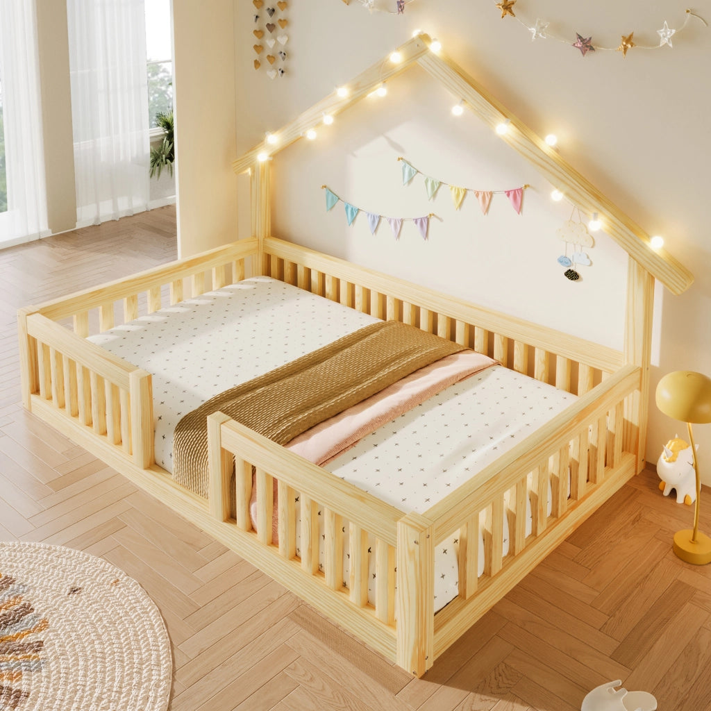 Letto Casetta per Bambini 90x200 cm con Sponde di Sicurezza; LED; Naturale