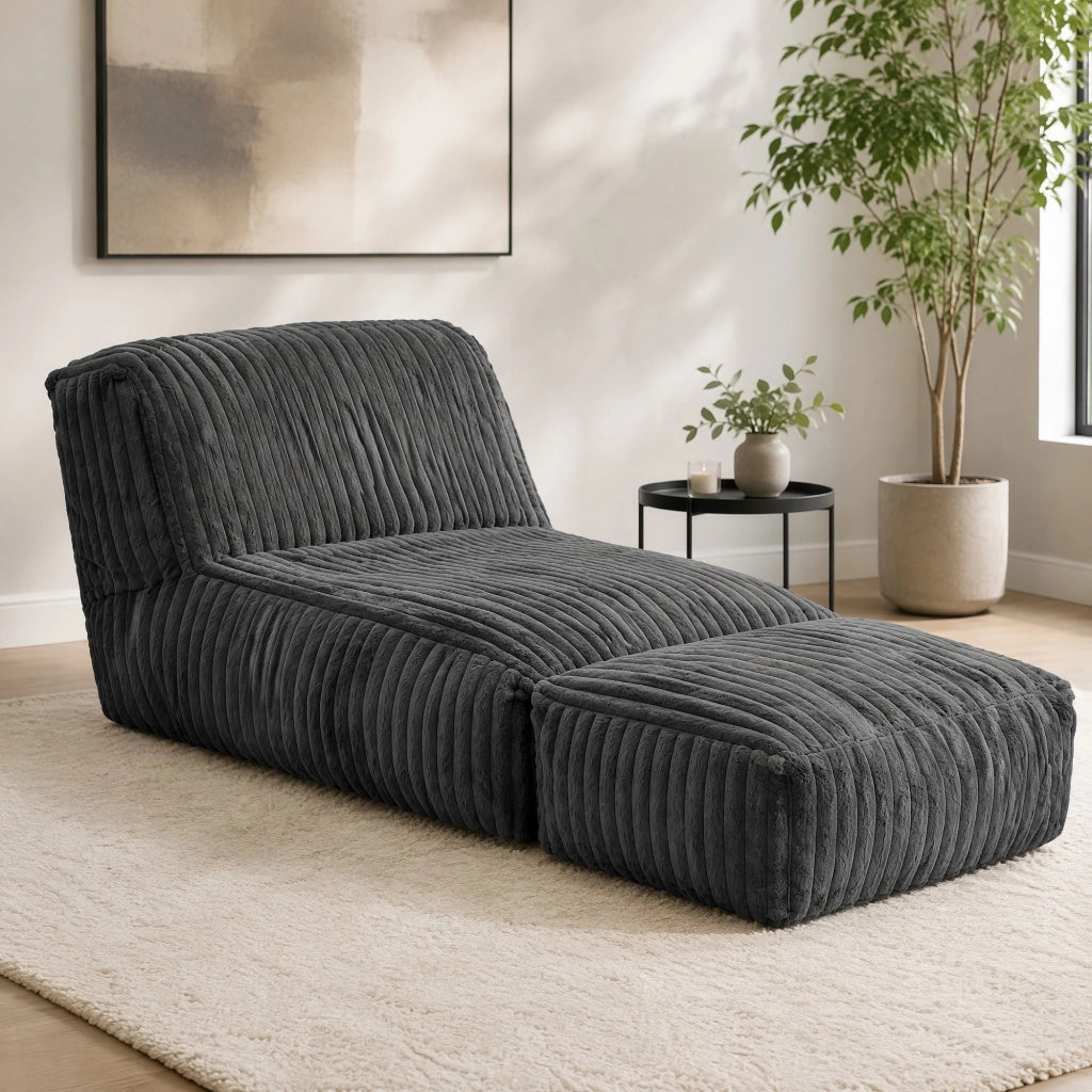 Divano chaise longue modulare da pavimento in flanella grigio scuro, design salvaspazio senza montaggio