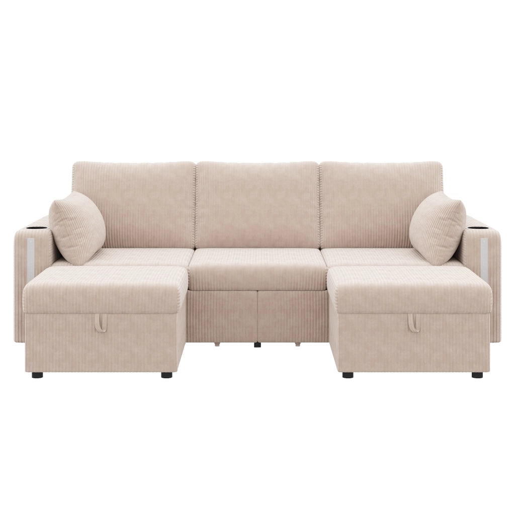 Divano modulare 190x130 cm a U/L con LED, USB-C, contenitore e rivestimento in velluto a coste beige
