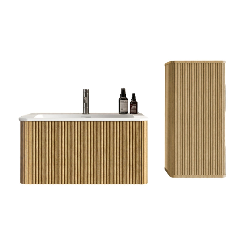 Set Mobile Bagno Sospeso con Lavabo in Pietra Ricostituita, Mobile Sottolavabo 80 cm e Colonna in Rovere