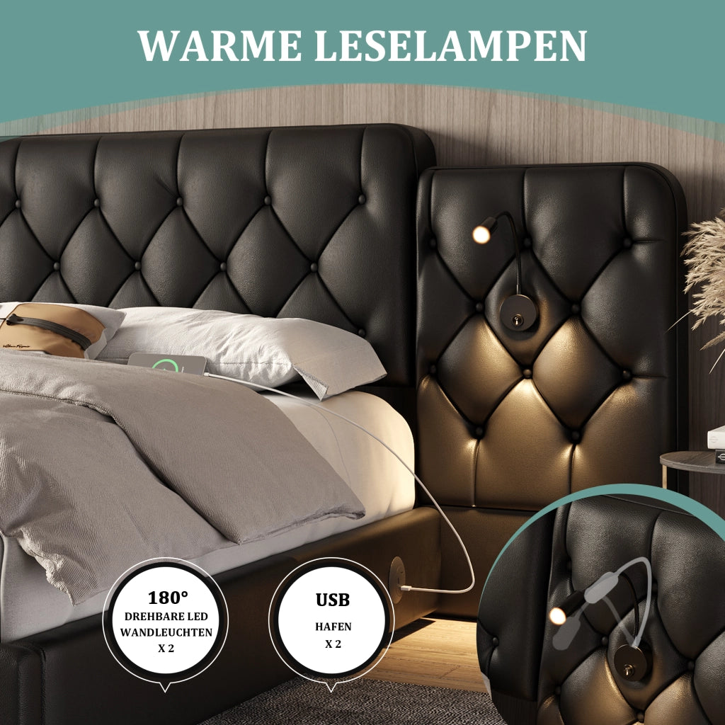 letto con testata lunga in ecopelle nero 160 x 200 cm