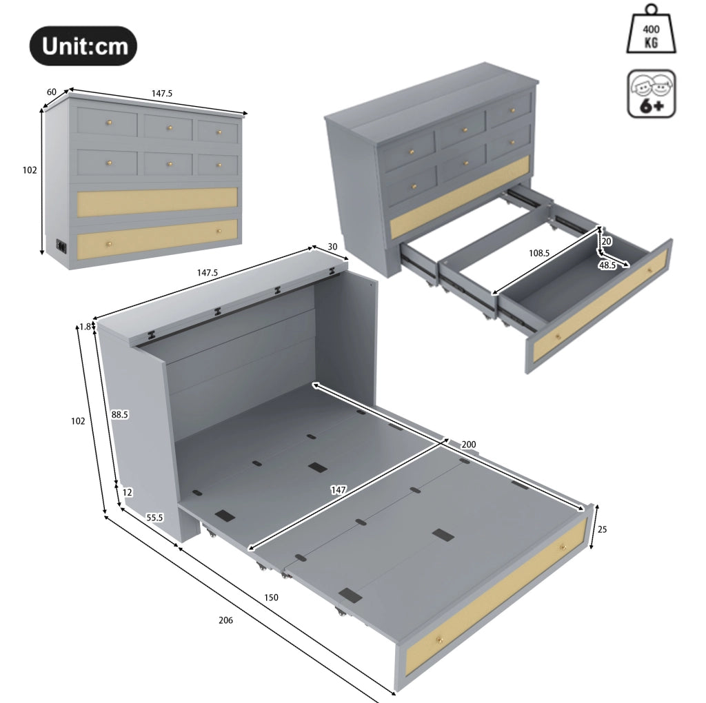 LETTO A SCOMPARSA 140x200 cm Grigio in MDF con USB e presa, senza materasso