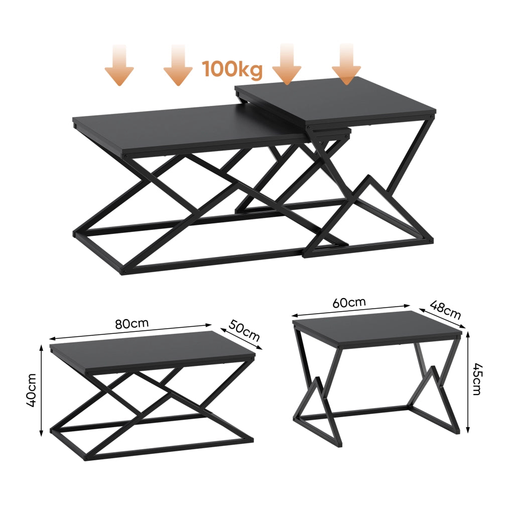 Tavolino basso fisso geometrico con struttura incrociata in ferro e piano in pannello di particelle nero 80 × 50 × 40 cm