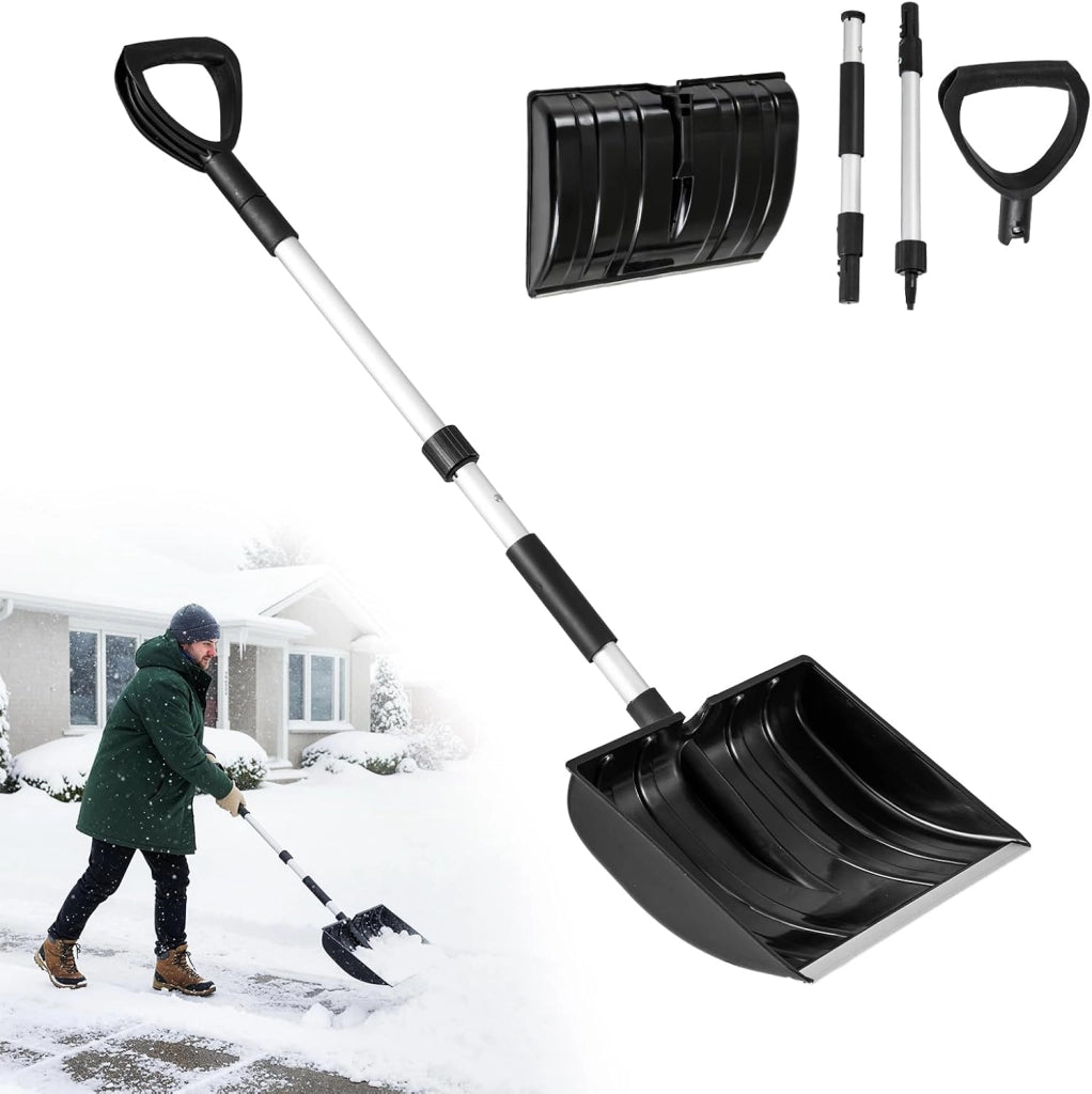 Pala da Neve Portatile, 122 cm Badile da Giardino Staccabile con Manico Ergonomico a D e Raschietto per Ghiaccio in Alluminio, per Vialetto e Auto (Nero + Argento)