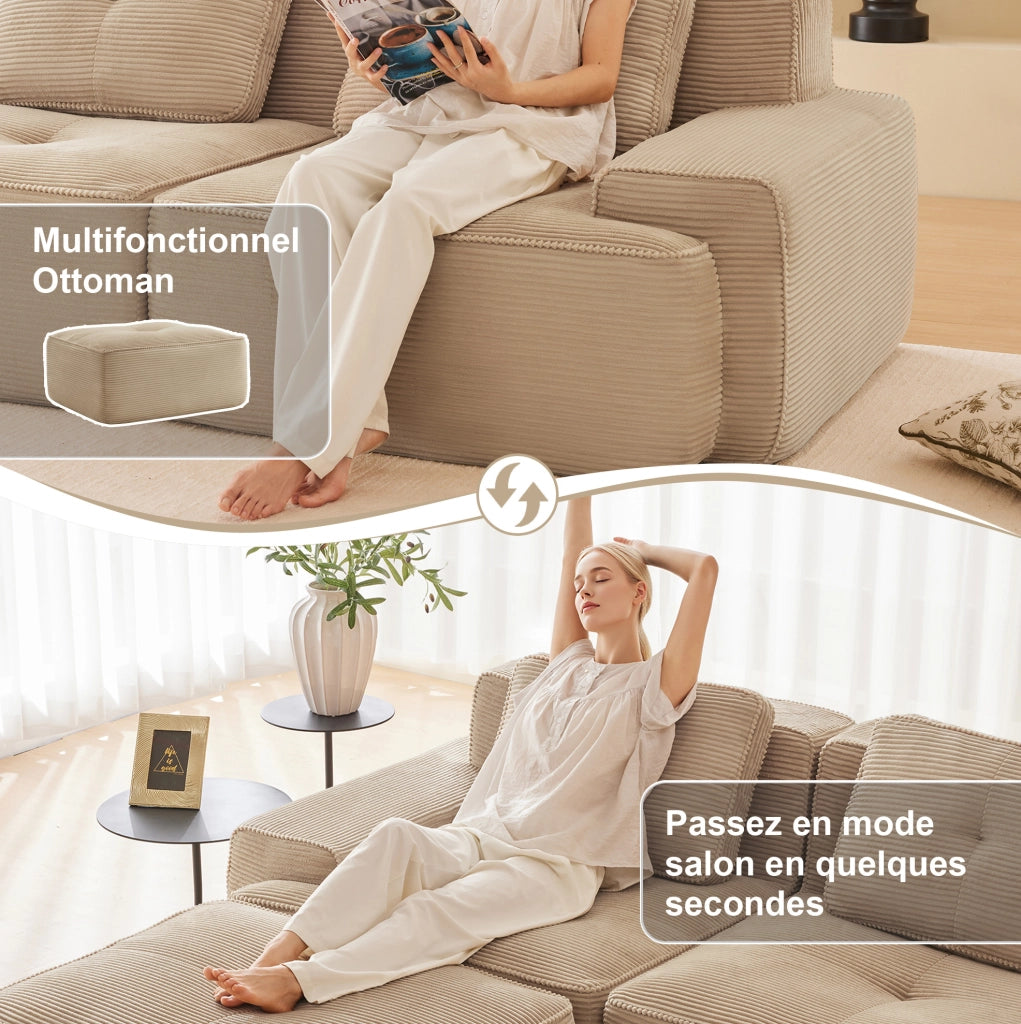 Divano modulare Cloud 3 posti in velluto a coste beige, modulare con ottomana, senza montaggio