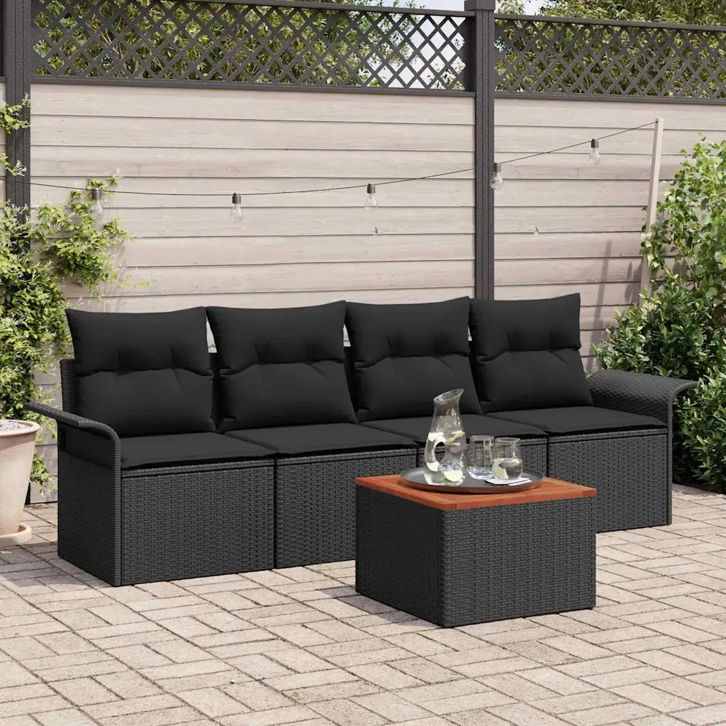 Set Divano da Giardino con cuscino 5 pz | Set Salotto da Giardino Nero polyrattan