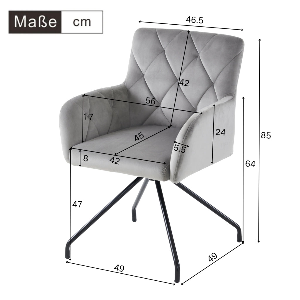Sedia da sala da pranzo set di 2 con braccioli e schienale ergonomico, in velluto e metallo grigio chiaro
