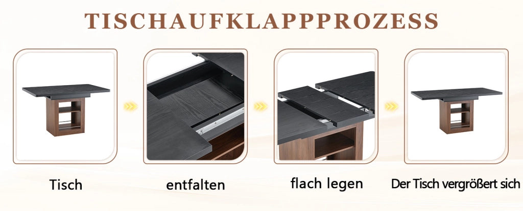 Tavolo da pranzo allungabile con ripiano, piano effetto legno nero, struttura color noce, 130-160 cm
