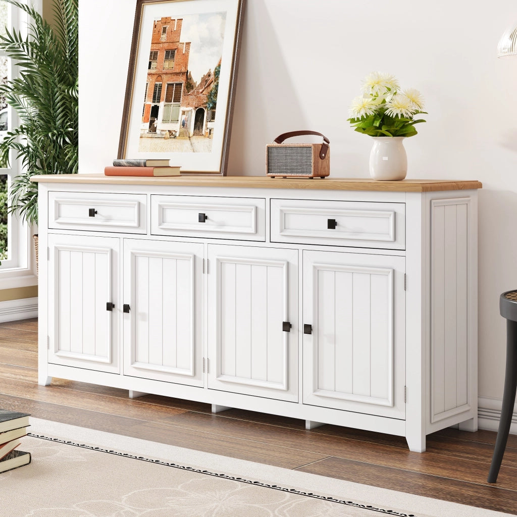 Credenza e madia moderna con 4 ante, 3 cassetti e ripiani regolabili in MDF bianco per soggiorno e camera da letto