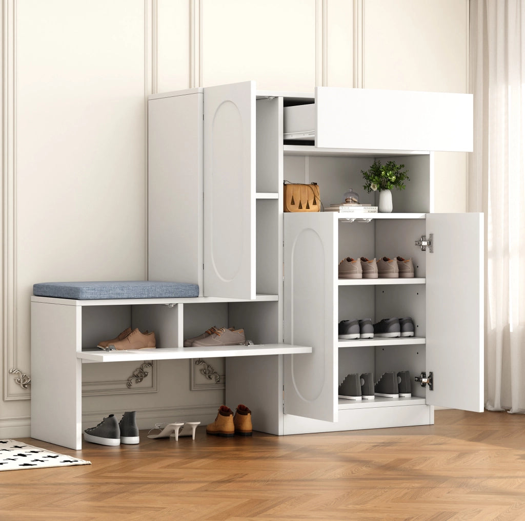 Scarpiera con panca 130x35x110 cm in truciolare; ante soft-close e cuscino grigio