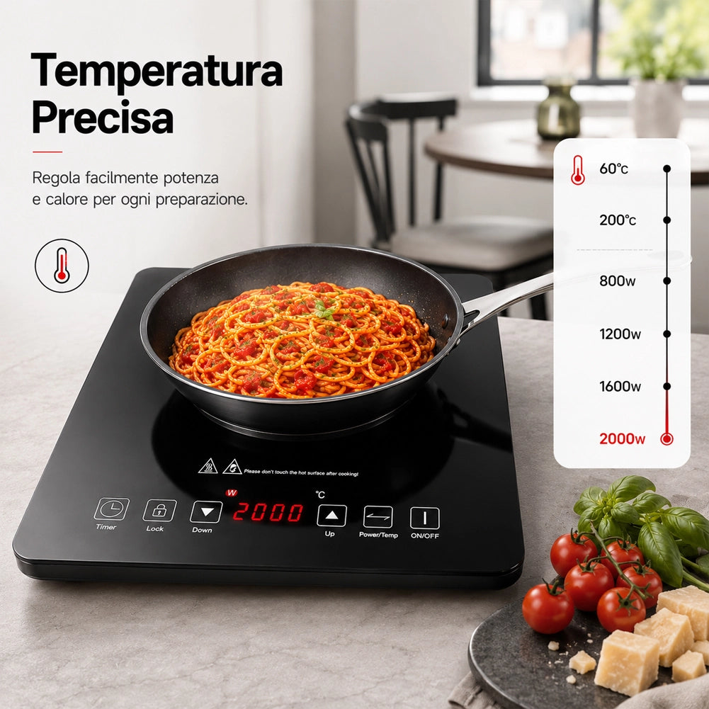 Piastra Fornello Elettrico a Induzione 1 Fuoco per Cucina Cottura Omogenea 2000W