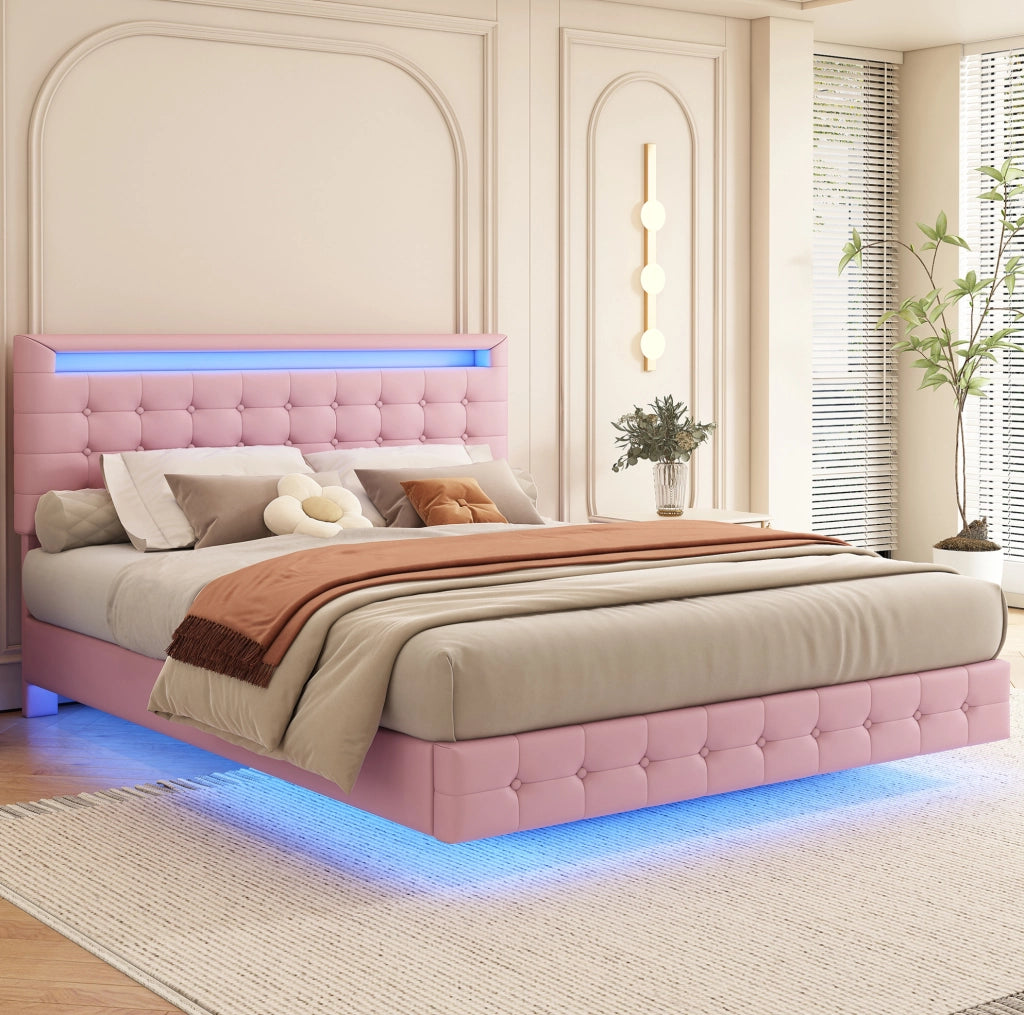 LETTO fluttuante 140x200 cm PU rosa con LED e testiera regolabile