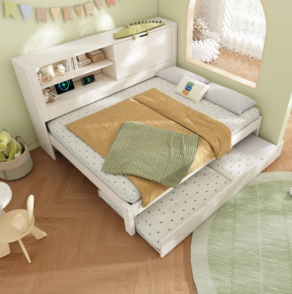 Letto divano 140x190 cm con letto estraibile 90x190 cm e stazione USB; bianco HOMVRA