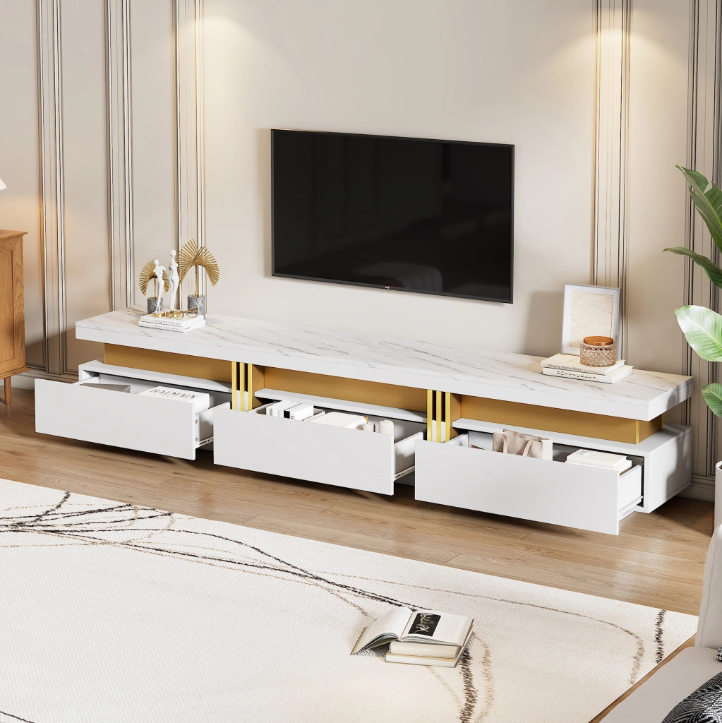 Mobile TV bianco 200 cm effetto marmo con 3 cassetti