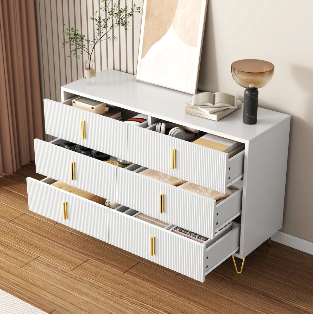 Sideboard 120x40x77 cm con sei cassetti; in truciolato; bianco e oro