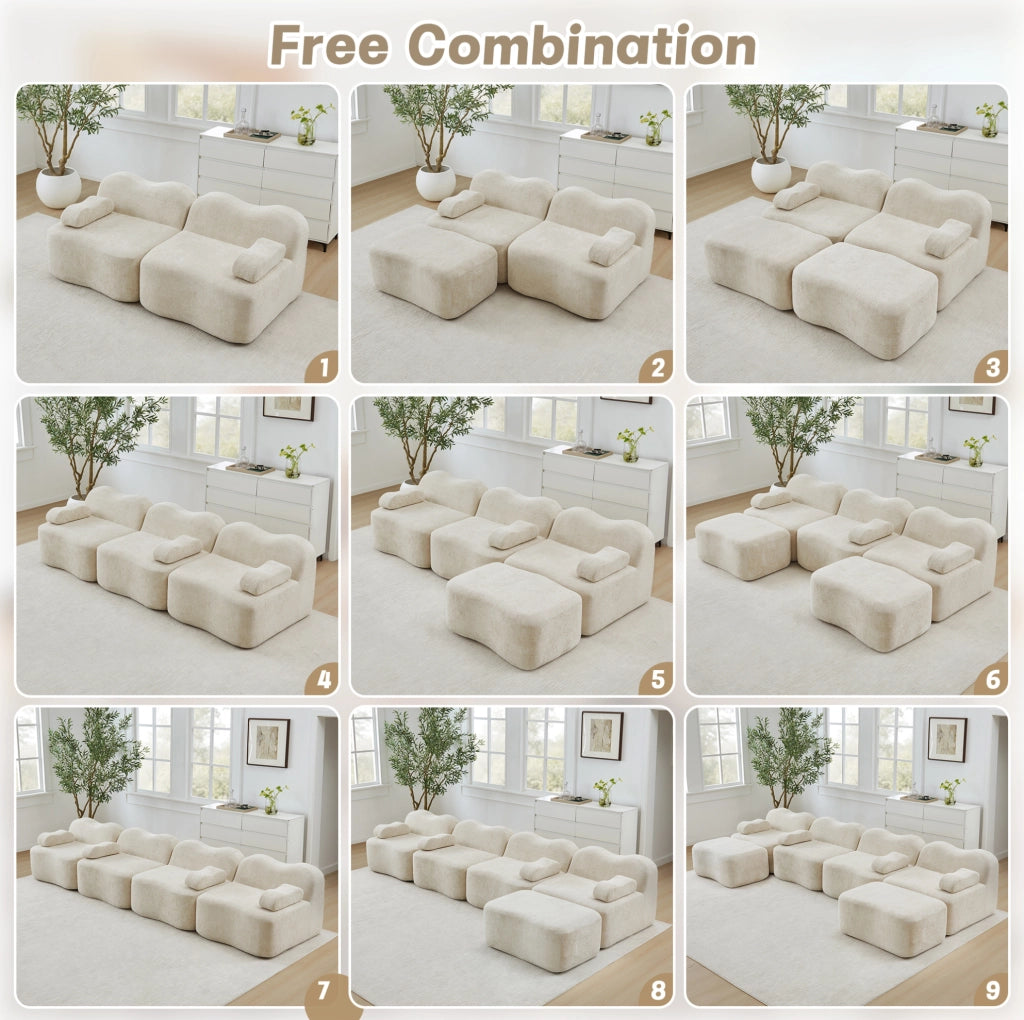 Divano modulare ULEVR a U 4 posti con 2 pouf, forma ondulata e rivestimento in velluto beige