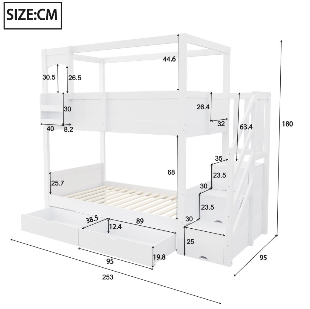 Letto a castello per bambini 90x200 cm in legno con scala contenitore; cassetti e lavagna bianco HOMVRA