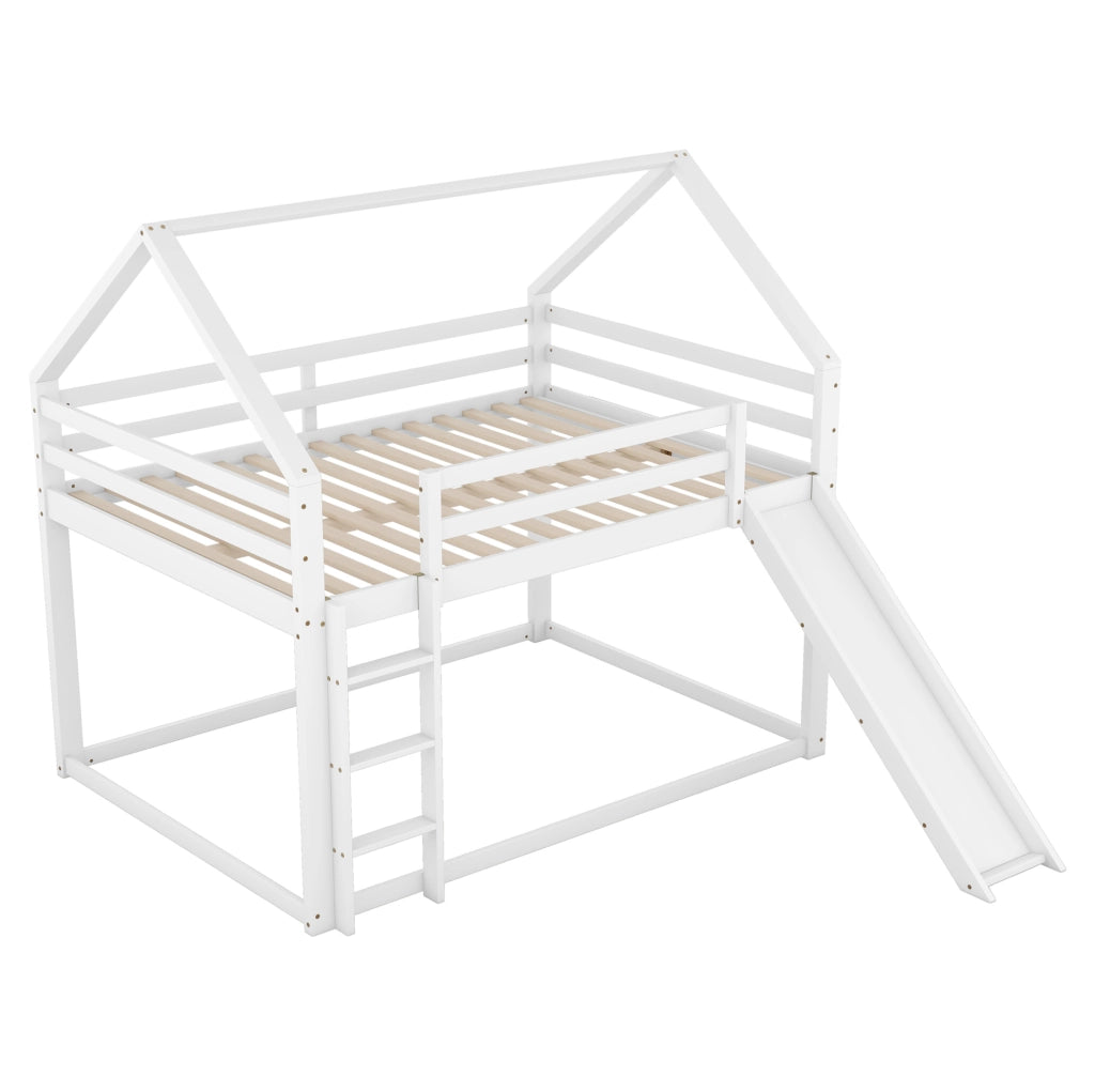 Letto a castello per bambini a forma di casa con scivolo e scala, materassi 140x200 cm, colore bianco