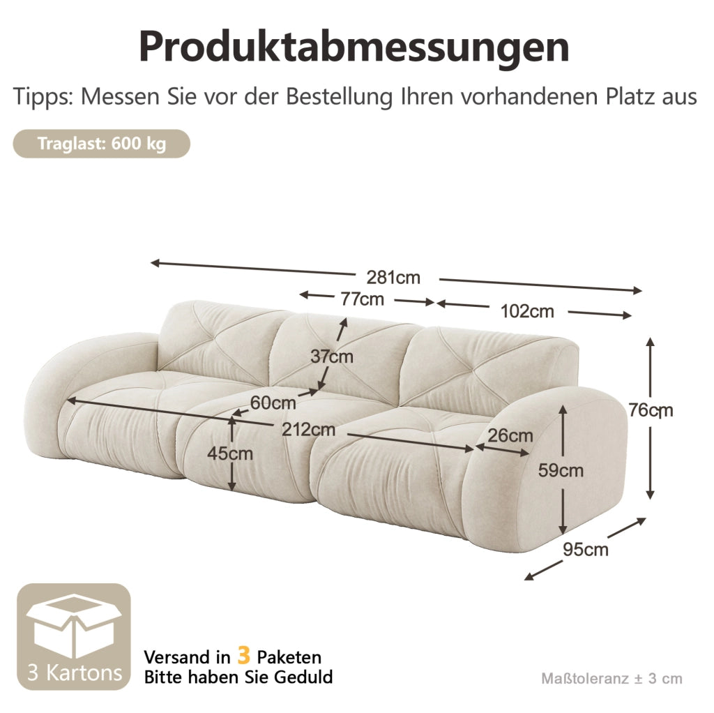 Divano modulare senza braccioli in chenille; 3 posti; beige chiaro