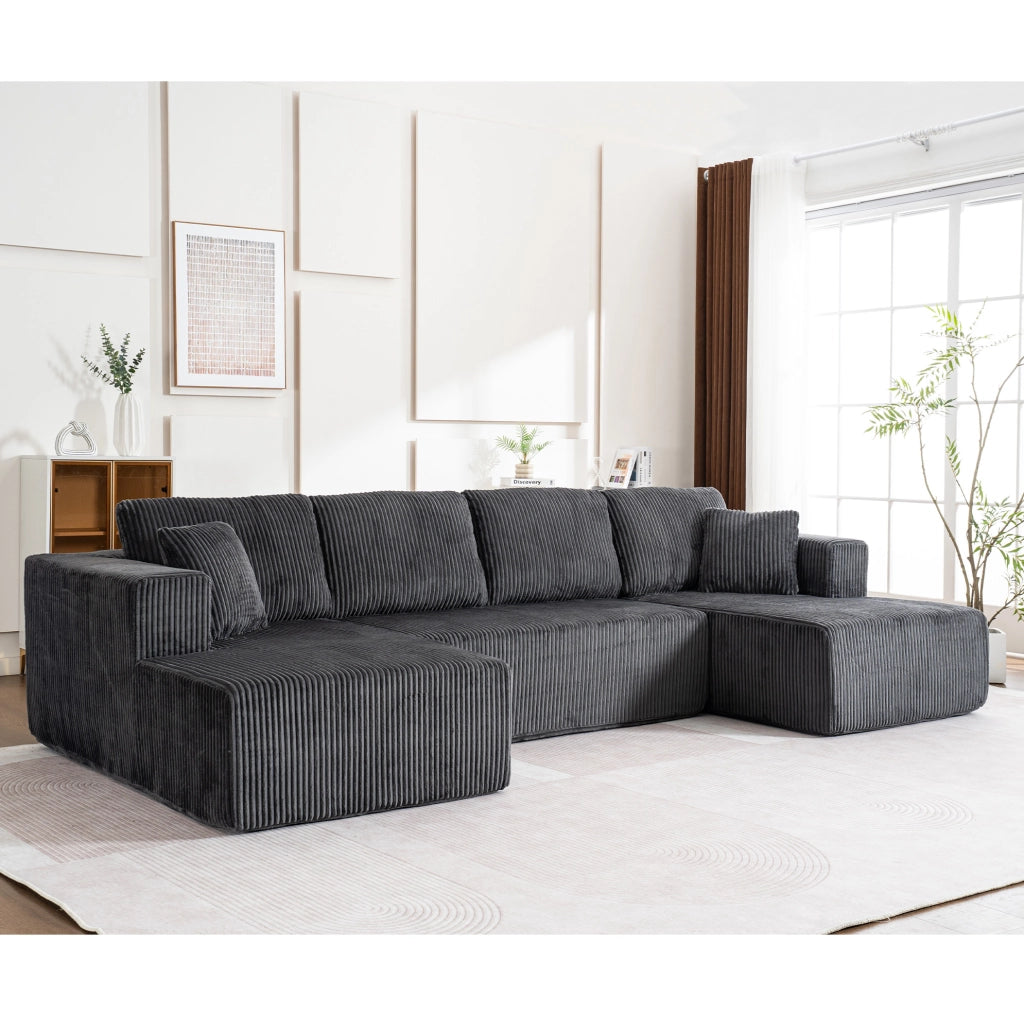 Divano modulare a forma di U in tessuto lampo, 332x156x88 cm, con cuscini grandi e piccoli