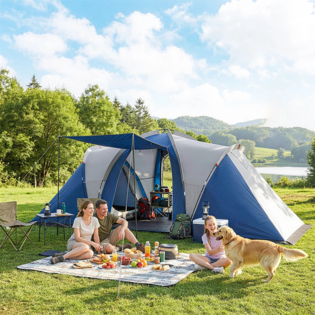 Tenda da Campeggio a Tunnel Familiare 4-5 Persone Blu Doppio Strato con 2 Camere Soggiorno Impermeabile 3000 mm per Giardino