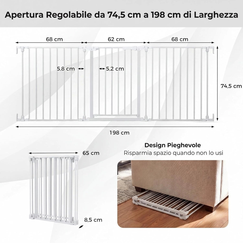 Cancelletto Pieghevole a 3 Pannelli per Cani 198 cm, Bianco
Recinzione in Metallo con Doppia Chiusura, Apertura Bidirezionale Cancello per Bambini e Animali, Ideale per Scala e Camino