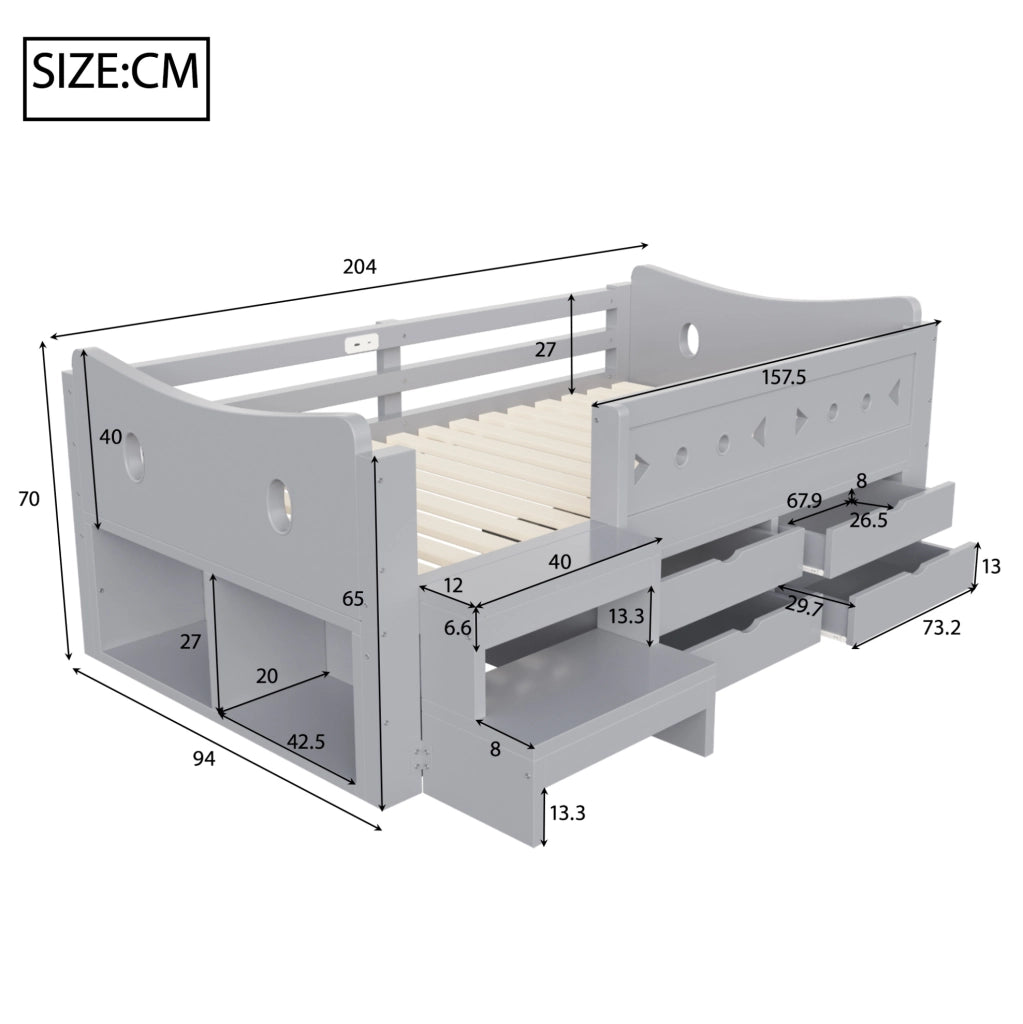 Letto singolo per bambini 90x200 cm grigio con cassetti, LED, USB e Type-C