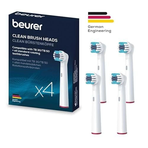 Beurer 10156 Clean - KIT_ 4 testine di ricambio Standard per spazzolini oscillanti-rotanti, compatibili con TB 30-TB 50, setole medie, cappucci protettivi, anelli colorati, Bianco