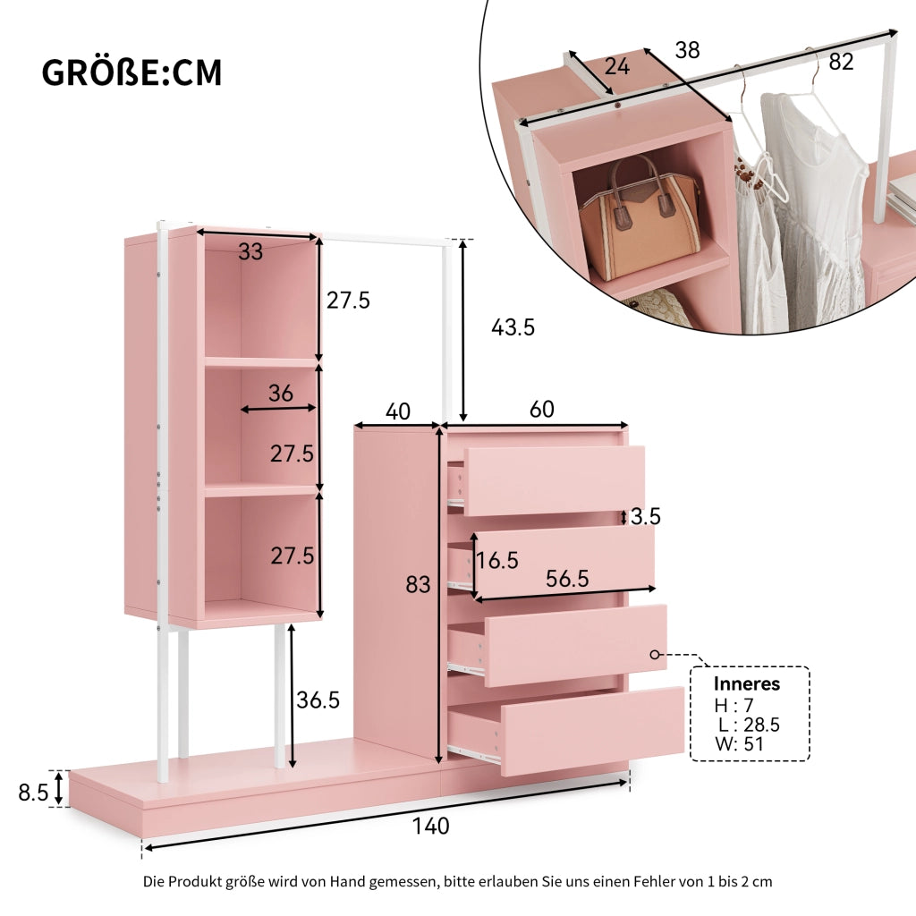 Armadio con Cassetti e Appendiabiti ¨C MINIMAL ¨C Rosa, B140xP40xH135