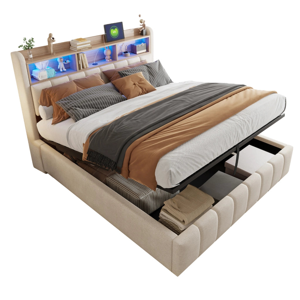 Letto matrimoniale imbottito 180 × 200 cm contenitore con LED USB e type C in tessuto di lino beige