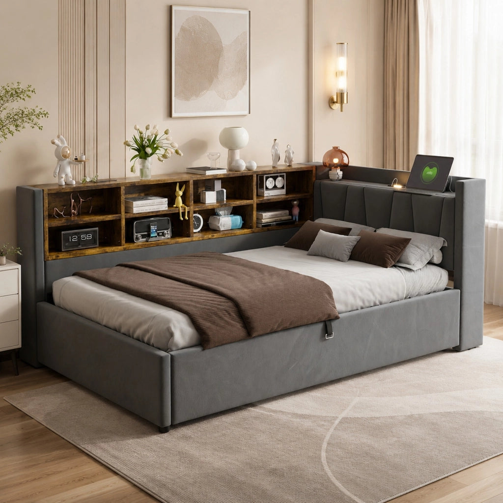 Letto imbottito 90x200 cm con contenitore idraulico, USB e USB-C in velluto grigio